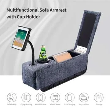 ARMRESTO Multifunctional Sofa Armrest, Couch Armrest with Wireless Charge Stand, Removable Couch Caddy with Storage,Including LED Reading Light,Navyv