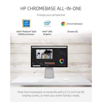 HP Chromebase 21.5" All-in-One Desktop, Intel Pentium Gold 6405U Processor, 4 GB RAM, 64 GB Storage, Rotating Full HD IPS Touchscreen, Chrome OS, Bluetooth Keyboard and Mouse Combo (22-aa0012, 2021)