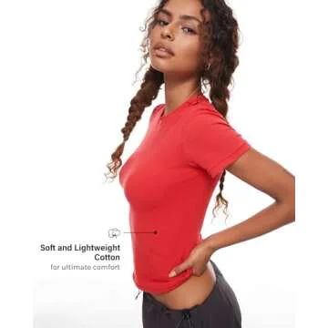 INLYRIC Women's Summer Short Sleeve Tops - Cotton Trendy Cute Basic Casual Crew Neck Double Lined T Shirts Tees Tops Deep Red Medium