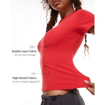 INLYRIC Women's Summer Short Sleeve Tops - Cotton Trendy Cute Basic Casual Crew Neck Double Lined T Shirts Tees Tops Deep Red Medium