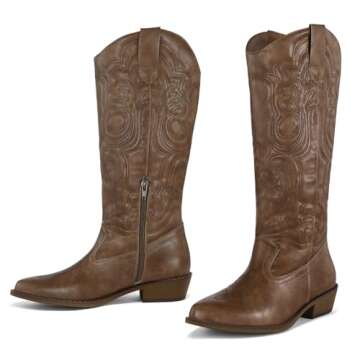 mysoft Women's Cowboy Boots Mid Calf Cowgirl Boots Embroidered Western Pointed Toe Chunky Heel Pull On Knee High Boots