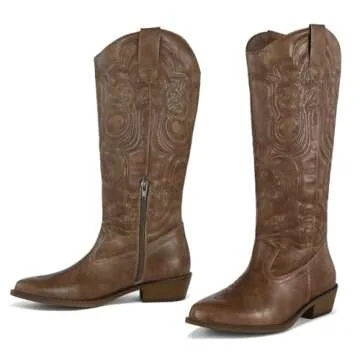 mysoft Women's Cowboy Boots Mid Calf Cowgirl Boots Embroidered Western Pointed Toe Chunky Heel Pull On Knee High Boots