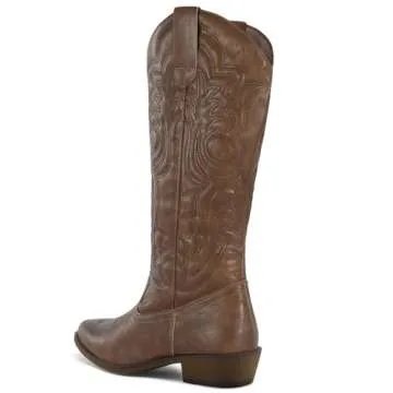 mysoft Women's Cowboy Boots Mid Calf Cowgirl Boots Embroidered Western Pointed Toe Chunky Heel Pull On Knee High Boots