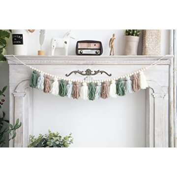 Decocove Tassel Garland - Boho Tassel Garland with Wood Beads - Wall Decor for Dorm, Girls Room and Nursery Room - Olive Green (43 inch)