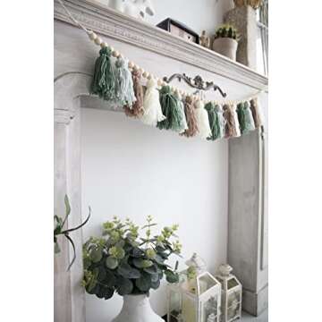 Decocove Tassel Garland - Boho Tassel Garland with Wood Beads - Wall Decor for Dorm, Girls Room and Nursery Room - Olive Green (43 inch)