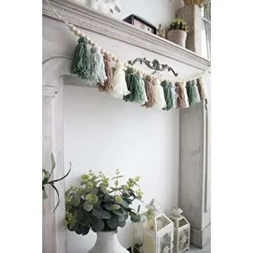 Decocove Tassel Garland - Boho Tassel Garland with Wood Beads - Wall Decor for Dorm, Girls Room and Nursery Room - Olive Green (43 inch)