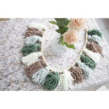 Decocove Tassel Garland - Boho Tassel Garland with Wood Beads - Wall Decor for Dorm, Girls Room and Nursery Room - Olive Green (43 inch)