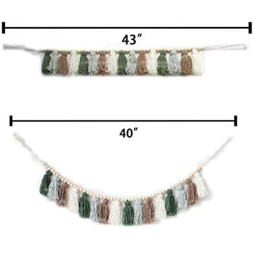 Decocove Tassel Garland - Boho Tassel Garland with Wood Beads - Wall Decor for Dorm, Girls Room and Nursery Room - Olive Green (43 inch)