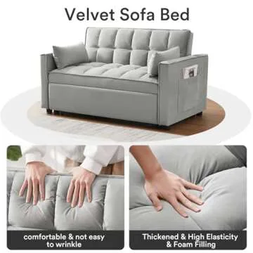 Rovibek 3 in 6 Convertible Sleeper Sofa Bed Pull Out Velvet Chaise Lounge with Pockets & Pillows for Living Room, Full Size, Grey
