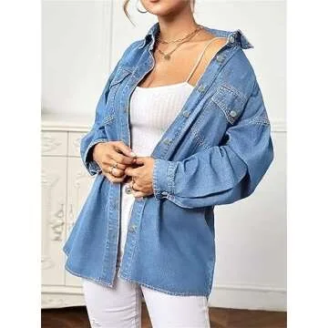 Pulcykp Women Casual Lapel Single Breasted Denim Shirts Coat Spring Loose Solid Button Jean Jacket Blue L