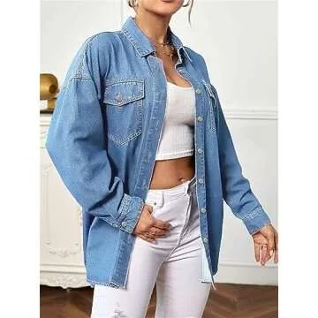 Pulcykp Women Casual Lapel Single Breasted Denim Shirts Coat Spring Loose Solid Button Jean Jacket Blue L
