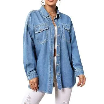 Pulcykp Women Casual Lapel Single Breasted Denim Shirts Coat Spring Loose Solid Button Jean Jacket Blue L