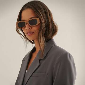 BUTABY Rectangle Sunglasses for Women Retro Driving Glasses 90’s Vintage Fashion Narrow Square Frame UV400 Protection Black & Beige