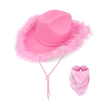 LMJFOR Pink Cowboy Hat with Feather and Bandana - For Bachelorette, Halloween & Costume Parties