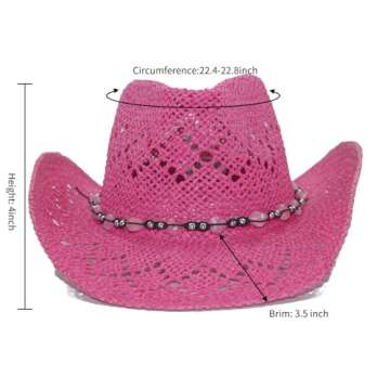 Vamuss Straw Cowboy Cowgirl Hat for Women with Beaded Trim and Shapeable Pink