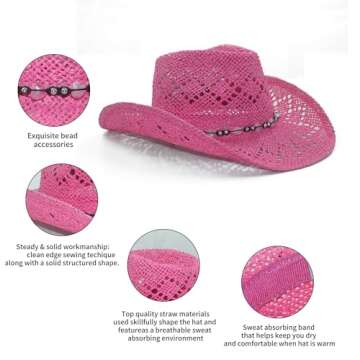 Vamuss Straw Cowboy Cowgirl Hat for Women with Beaded Trim and Shapeable Pink