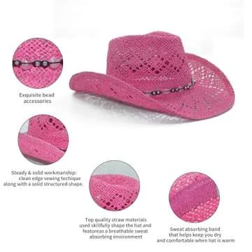 Vamuss Women's Shapeable Straw Cowboy Hat with Beads
