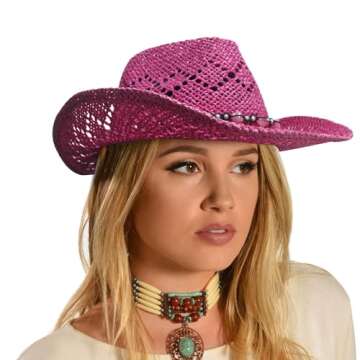 Vamuss Straw Cowboy Cowgirl Hat for Women with Beaded Trim and Shapeable Pink