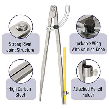 Mr. Pen- Professional Large Compass for Woodworking, 12 Inch Compass with Wing, Compass for Geometry, Compass Drawing Tool, Woodworking Compass, Pencil Compass for Carpenter, Drafting, Drawing Compass