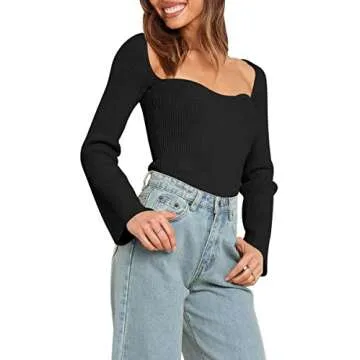 LILLUSORY Spring Going Out Tops Womens Corset Outfits Spring Square Neck Basic Clothing Trendy Bodysuit Knit Sweater Black