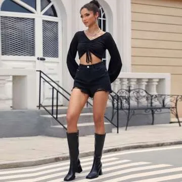 Easyfox Knee High Boots for Women Square Toe Tall Boots Women Black Boots Knee High Fall Boots Chunky High Heel Long Boots for Women Black Tall Leather Boots Size 9.5