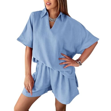 Amkoyam Women's Summer 2 Piece Outfits Casual V Neck Short Sleeve Tops High Waisted Shorts Tracksuit...