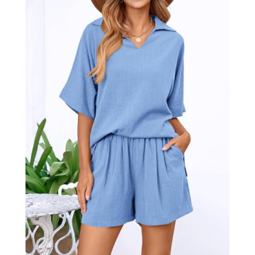 Amkoyam Women's Summer 2 Piece Outfits Casual V Neck Short Sleeve Tops High Waisted Shorts Tracksuit Lounge Sets 2024 (Solid Blue,Medium)