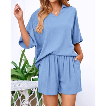 Amkoyam Women's Summer 2 Piece Outfits Casual V Neck Short Sleeve Tops High Waisted Shorts Tracksuit Lounge Sets 2024 (Solid Blue,Medium)