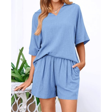 Amkoyam Women's Summer 2 Piece Outfits Casual V Neck Short Sleeve Tops High Waisted Shorts Tracksuit Lounge Sets 2024 (Solid Blue,Medium)