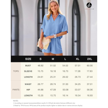 Amkoyam Women's Summer 2 Piece Outfits Casual V Neck Short Sleeve Tops High Waisted Shorts Tracksuit Lounge Sets 2024 (Solid Blue,Medium)