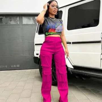 Women's Baggy Cargo Satin Pants Y2K High Waisted Wide Leg Casual Pants Straight Streetwear Trousers with Multi Pockets