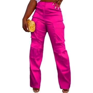 Women's Baggy Cargo Satin Pants Y2K High Waisted Wide Leg Casual Pants Straight Streetwear Trousers with Multi Pockets