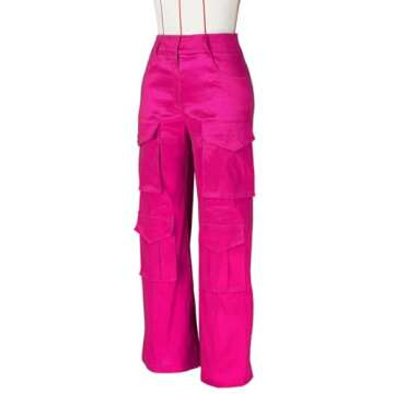 Women's Baggy Cargo Satin Pants Y2K High Waisted Wide Leg Casual Pants Straight Streetwear Trousers with Multi Pockets