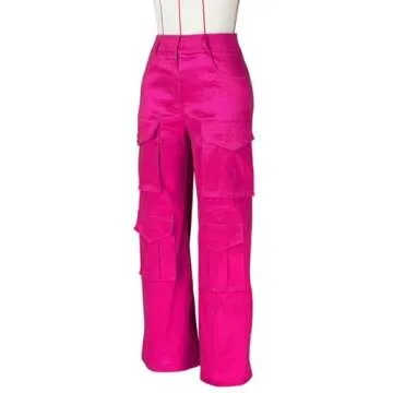 Women's Baggy Cargo Satin Pants Y2K High Waisted Wide Leg Casual Pants Straight Streetwear Trousers with Multi Pockets