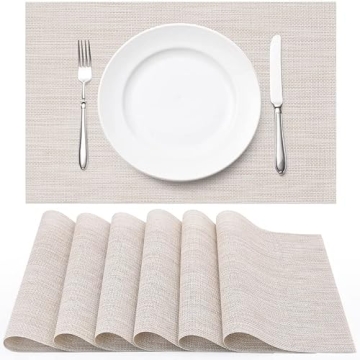 Vinyl Woven Placemats for Dining Table Set of 6, White Beige Washable Heat Resistant Place Mats for ...