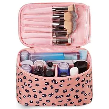 Narwey Cheetah Travel Makeup Bag with Brush Compartments, Portable Cosmetic Bag, Make up Bag Makeup Organizer Case with Brush Storage for Women (Leopard-1)