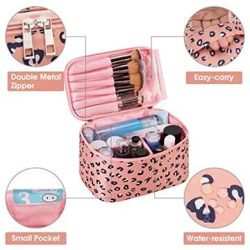 Narwey Cheetah Travel Makeup Bag with Brush Compartments, Portable Cosmetic Bag, Make up Bag Makeup Organizer Case with Brush Storage for Women (Leopard-1)