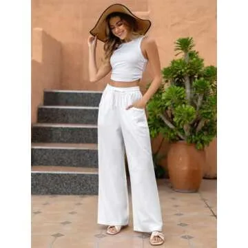Fancysters Women Wide Leg Linen Pants - High Waisted Summer Casual Cotton Palazzo Pants with Pockets