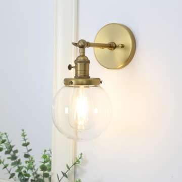 Pathson Industrial Wall Sconce with Round Clear Glass Globe Shade, Vintage Style Wall Lamp Farmhouse Wall Light Fixtures for Loft Bathroom Bedroom