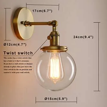 Pathson Industrial Wall Sconce with Round Clear Glass Globe Shade, Vintage Style Wall Lamp Farmhouse Wall Light Fixtures for Loft Bathroom Bedroom
