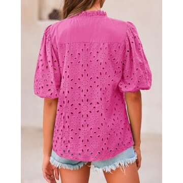 PRETTYGARDEN Women's Summer Tops 2025 Dressy Casual Short Sleeve V Neck Buttons Hollow Out Lace Embr...