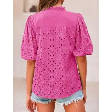 PRETTYGARDEN Women's Summer Tops 2025 Dressy Casual Short Sleeve V Neck Buttons Hollow Out Lace Embr...