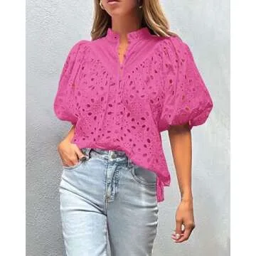 PRETTYGARDEN Women's Summer Tops 2025 Dressy Casual Short Sleeve V Neck Buttons Hollow Out Lace Embroidered Blouses Shirts (Rose Pink,Small)