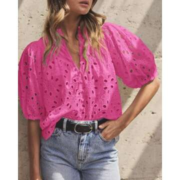 PRETTYGARDEN Women's Summer Tops 2025 Dressy Casual Short Sleeve V Neck Buttons Hollow Out Lace Embroidered Blouses Shirts (Rose Pink,Small)