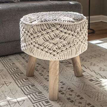 Decor Therapy Nirobi Crocheted 3-Leg Wooden Stool, Natural