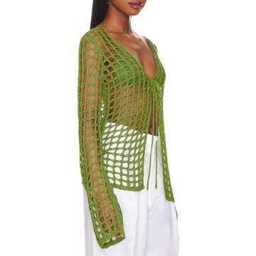 Saodimallsu Womens 2024 Summer Crochet Bathing Suit Cover Ups Long Sleeve V Neck Open Front Swimwear Cover Up Green