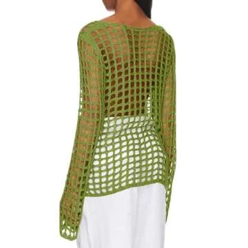 Saodimallsu Womens 2024 Summer Crochet Bathing Suit Cover Ups Long Sleeve V Neck Open Front Swimwear Cover Up Green