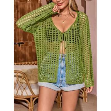 Saodimallsu Womens 2024 Summer Crochet Bathing Suit Cover Ups Long Sleeve V Neck Open Front Swimwear Cover Up Green