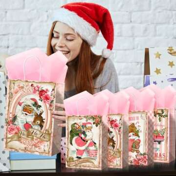 Pasimy 24 Pack Pink Christmas Gift Bags with Tissue Paper Holiday Kraft Paper Bag Bulk Xmas Santa Snowman Reindeer Goody Bag with Handle Reusable for Christmas Party Decoration Favor Class Gift Wrap