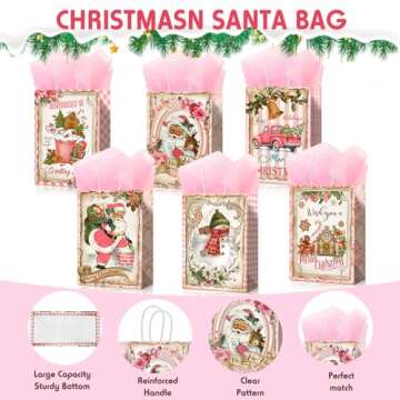 Pasimy 24 Pack Pink Christmas Gift Bags with Tissue Paper Holiday Kraft Paper Bag Bulk Xmas Santa Snowman Reindeer Goody Bag with Handle Reusable for Christmas Party Decoration Favor Class Gift Wrap